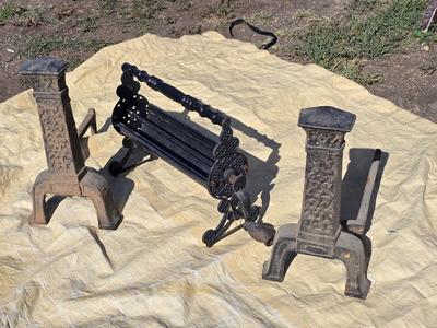 Pair of vintage Cast Iron Andirons - With antique Cast Iron paper / newspaper log roller wood handle crank Fireplace tools
