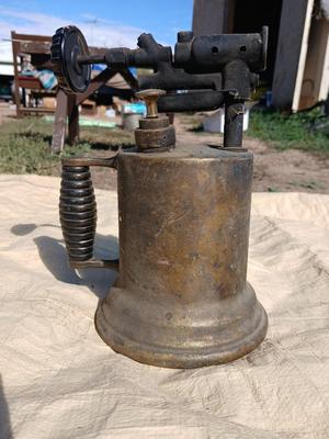 Antique Brass blow torch with wooden rustic handle Unrestored blow torch