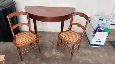 1/2 ROUND TABLE, & 2 ANTIQUE HANDCRAFTED CANED SEAT CHAIRS