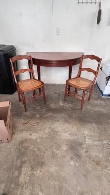1/2 ROUND TABLE, & 2 ANTIQUE HANDCRAFTED CANED SEAT CHAIRS