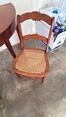 1/2 ROUND TABLE, & 2 ANTIQUE HANDCRAFTED CANED SEAT CHAIRS