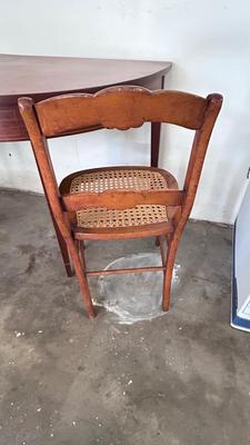 1/2 ROUND TABLE, & 2 ANTIQUE HANDCRAFTED CANED SEAT CHAIRS