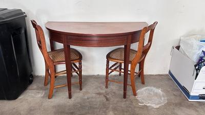 1/2 ROUND TABLE, & 2 ANTIQUE HANDCRAFTED CANED SEAT CHAIRS