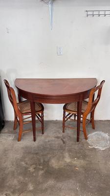 1/2 ROUND TABLE, & 2 ANTIQUE HANDCRAFTED CANED SEAT CHAIRS