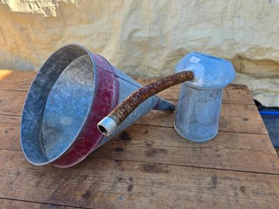 Vintage offset farm funnel Steampunk - with a 2-quart galvanized Fluid can with bendable spout