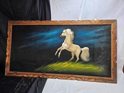 Vintage black velvet white horse painting