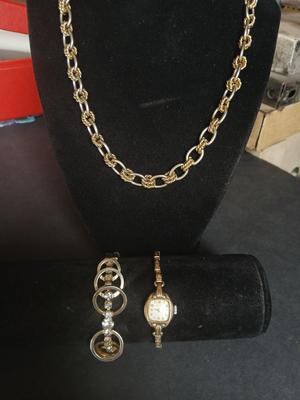 Vintage large ling necklace - bracelet with rhinestones and a vintage ladies watch