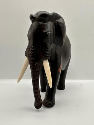 Hand-Carved Wooden Elephant Figurine with Painted Details