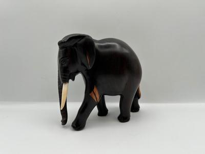 Hand-Carved Wooden Elephant Figurine with Painted Details