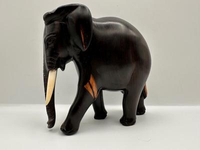 Hand-Carved Wooden Elephant Figurine with Painted Details