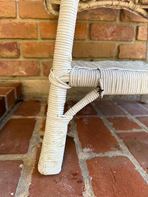 Vintage White Wicker Side Table with Lower Shelf