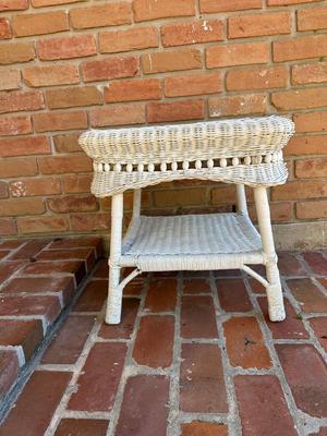 Vintage White Wicker Side Table with Lower Shelf