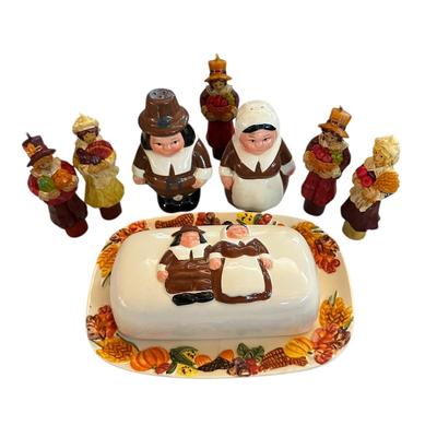 Thanksgiving Pilgrims Table Decor with Butter Dish & Salt/Pepper Shakers