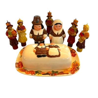 Thanksgiving Pilgrims Table Decor with Butter Dish & Salt/Pepper Shakers