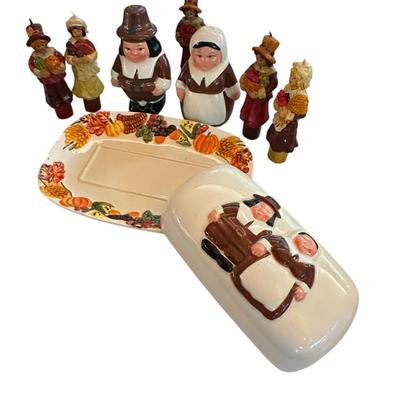 Thanksgiving Pilgrims Table Decor with Butter Dish & Salt/Pepper Shakers