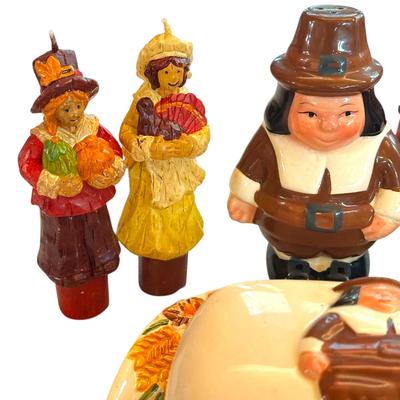 Thanksgiving Pilgrims Table Decor with Butter Dish & Salt/Pepper Shakers