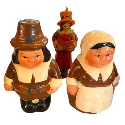 Thanksgiving Pilgrims Table Decor with Butter Dish & Salt/Pepper Shakers