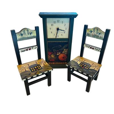 Lot 2 Small Doll Chairs and Clock (untested, uses battery)