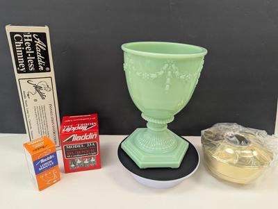 Sale Photo Thumbnail #2378: Aladdin Green Florentine Kerosene Oil Lamp Moonstone Jade Jadiete Glass Vase