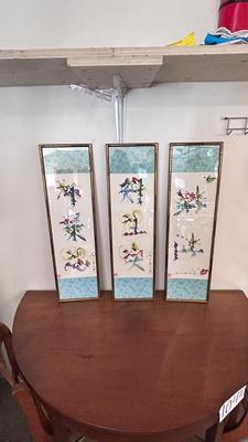 4 PIECE SET OF SIGNED ASIAN ARTWORK ( 4th in separate pic)