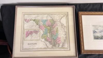 FRAMED PAINTING BY ARTIST S. YOUNOV & FRAMED HAND COLORED MAP OF MARYLAND