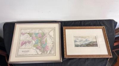 FRAMED PAINTING BY ARTIST S. YOUNOV & FRAMED HAND COLORED MAP OF MARYLAND