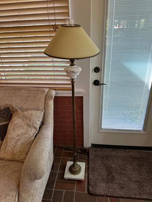 PAISLEY PRINT UPHOLSTERED ARMCHAIR WITH FLOOR LAMP
