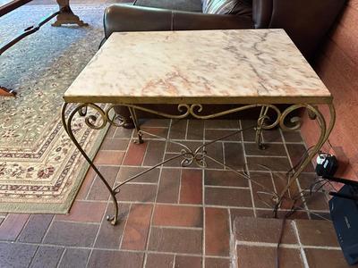 IRON BASE, MARBLE TOP END TABLE AND A TABLE LAMP