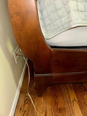 ETHAN ALLEN “CHLOE” SLEIGH STYLE KING BED WITH “PURPLE.3” MATTRESS