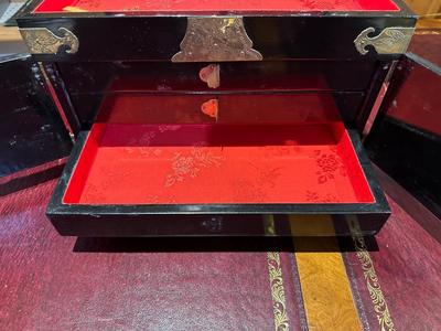 VINTAGE ASIAN BLACK LACQUER AND BRASS JEWELRY BOX WITH MOTHER OF PEARL GEISHA GIRLS