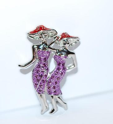 Twin "Ladies in Purple Dresses" BROOCH (2" x 1¼") with RED HATS and a Silver Tone Bodies & Setting