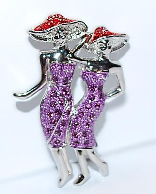 Twin "Ladies in Purple Dresses" BROOCH (2" x 1¼") with RED HATS and a Silver Tone Bodies & Setting