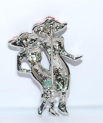 Twin "Ladies in Purple Dresses" BROOCH (2" x 1¼") with RED HATS and a Silver Tone Bodies & Setting