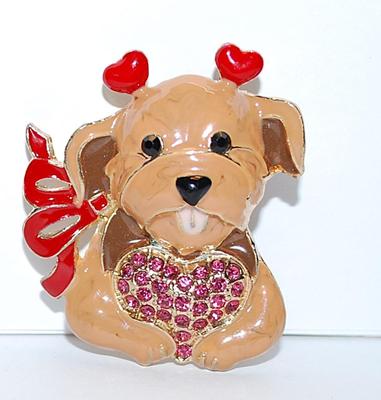 Brown PUPPY BROOCH (1¾" x 1¾") with a Pink Stone "Pave" HEART and Red-Heart Ears & Bow and Gold Tone Setting