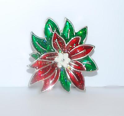 RED & GREEN Enameled HOLIDAY FLOWER BROOCH (2" Diam.) with White Center Accent and a Silver Tone Setting