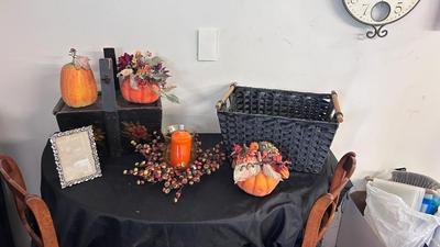 FALL IS IN THE AIR FOR THESE PRETTY IN SEASONAL DECORATIONS AND A LOVELY ANTIQUE WOODEN BOX