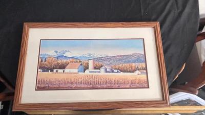 64/100 BARBARA MOORE FRAMED ARTWORK AND 1979 FRAMED COMMERCIAL ATLAS MAP OF COLORFUL COLORADO
