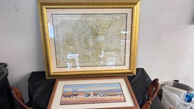 64/100 BARBARA MOORE FRAMED ARTWORK AND 1979 FRAMED COMMERCIAL ATLAS MAP OF COLORFUL COLORADO