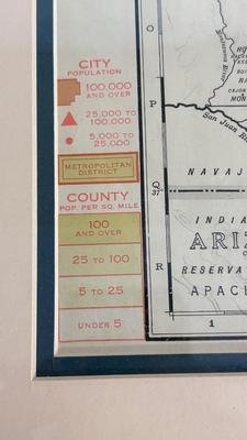 64/100 BARBARA MOORE FRAMED ARTWORK AND 1979 FRAMED COMMERCIAL ATLAS MAP OF COLORFUL COLORADO