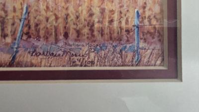 64/100 BARBARA MOORE FRAMED ARTWORK AND 1979 FRAMED COMMERCIAL ATLAS MAP OF COLORFUL COLORADO