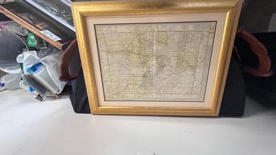 64/100 BARBARA MOORE FRAMED ARTWORK AND 1979 FRAMED COMMERCIAL ATLAS MAP OF COLORFUL COLORADO