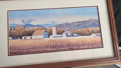 64/100 BARBARA MOORE FRAMED ARTWORK AND 1979 FRAMED COMMERCIAL ATLAS MAP OF COLORFUL COLORADO