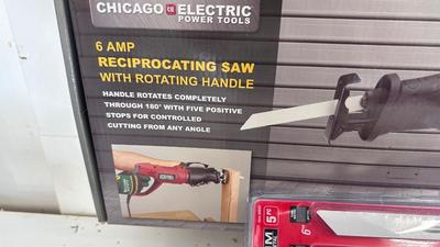 6AMP CHICAGO ELECTRIC RECIPROCATING SAW WITH ROTATING HANDLE, AND NEW BLADES