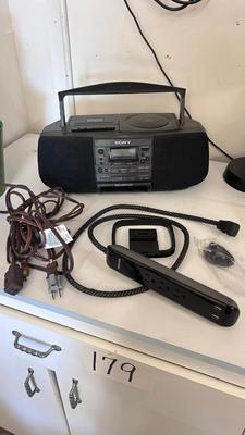 SONY BOOM BOX, POWER STRIP WITH USB PORTS AND EXTENSION CORDS