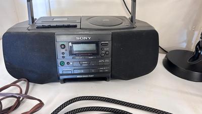 SONY BOOM BOX, POWER STRIP WITH USB PORTS AND EXTENSION CORDS