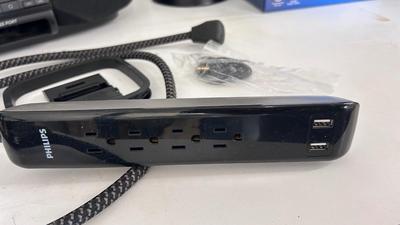 SONY BOOM BOX, POWER STRIP WITH USB PORTS AND EXTENSION CORDS