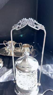 MERIDIAN, SILVER PLATE COMPANY QUADRUPLE PLATE, PICKLE SERVER, AND SHEFFIELD SILVER CREAM AND SUGAR BOWLS