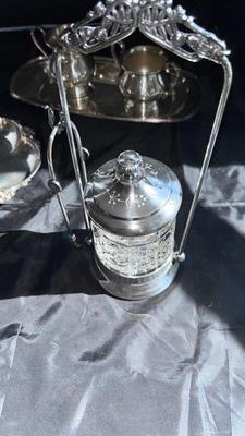 MERIDIAN, SILVER PLATE COMPANY QUADRUPLE PLATE, PICKLE SERVER, AND SHEFFIELD SILVER CREAM AND SUGAR BOWLS