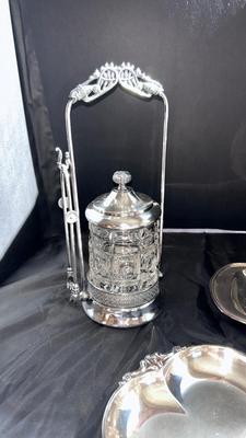 MERIDIAN, SILVER PLATE COMPANY QUADRUPLE PLATE, PICKLE SERVER, AND SHEFFIELD SILVER CREAM AND SUGAR BOWLS