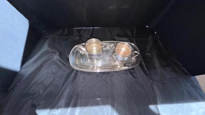 MERIDIAN, SILVER PLATE COMPANY QUADRUPLE PLATE, PICKLE SERVER, AND SHEFFIELD SILVER CREAM AND SUGAR BOWLS